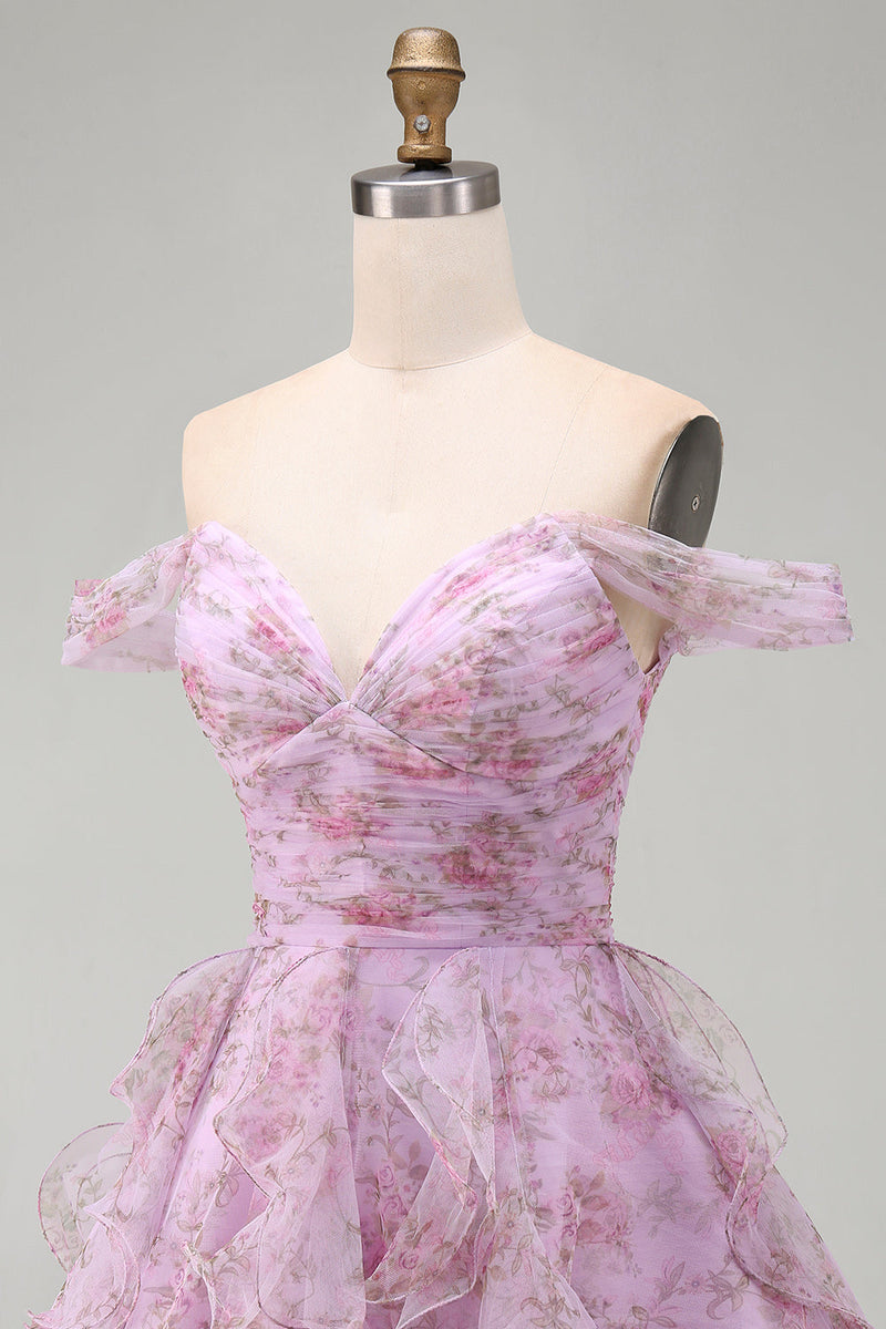 Load image into Gallery viewer, Lilac A-Line Floral Ruched Short Cocktail Dress with Ruffles