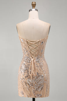 Sparkly Corset Champagne Tight Sequins Floral Short Cocktail Dress
