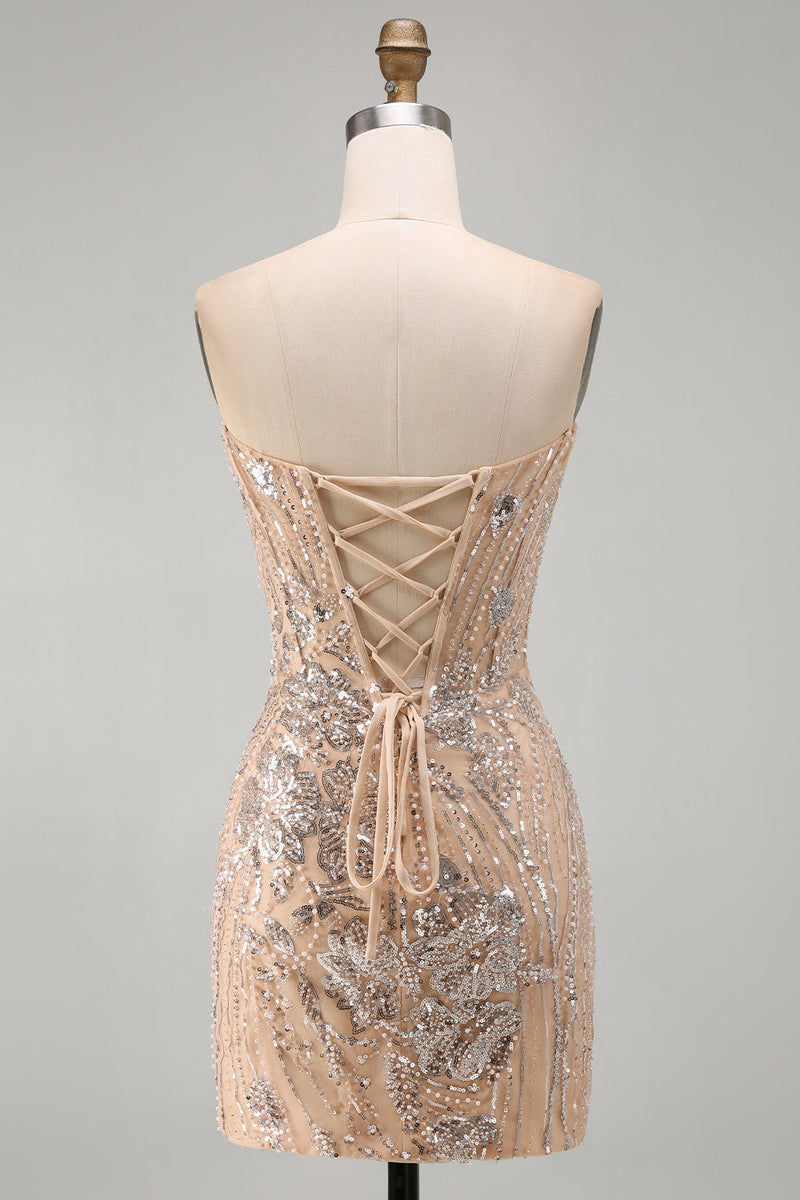Load image into Gallery viewer, Sparkly Corset Champagne Tight Sequins Floral Short Cocktail Dress
