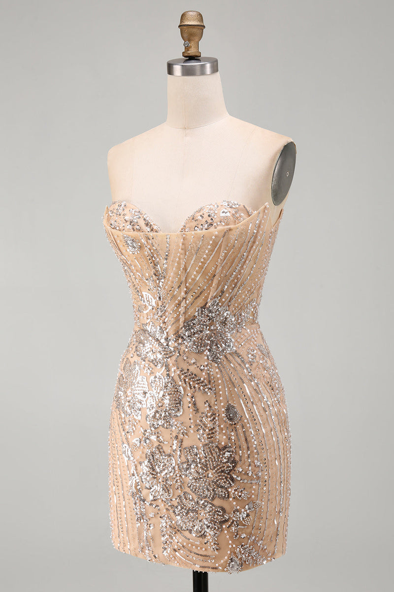 Load image into Gallery viewer, Sparkly Corset Champagne Tight Sequins Floral Short Cocktail Dress