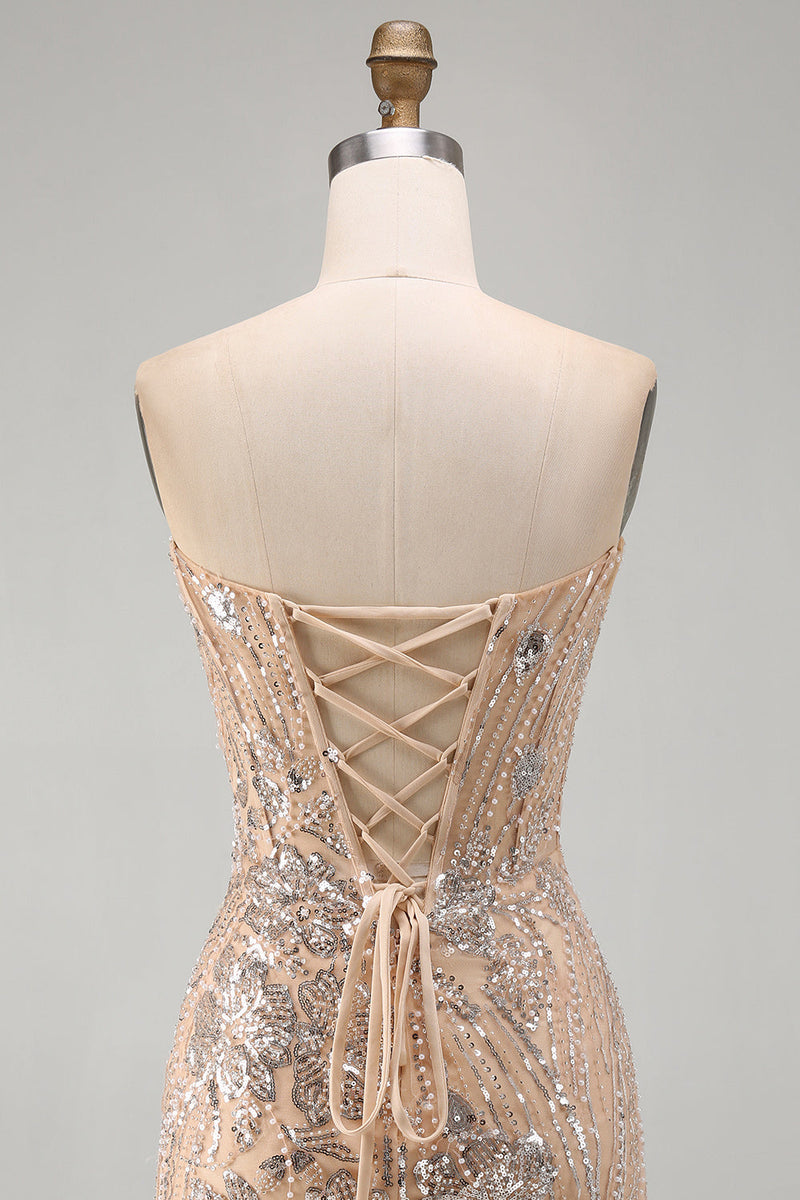 Load image into Gallery viewer, Sparkly Corset Champagne Tight Sequins Floral Short Cocktail Dress