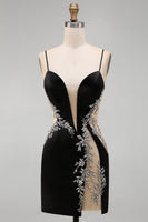 Load image into Gallery viewer, Sparkly Black Cut Out Tight Spaghetti Straps Short Cocktail Dress with Rhinestone