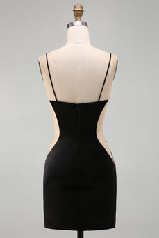 Sparkly Black Cut Out Tight Spaghetti Straps Short Cocktail Dress with Rhinestone