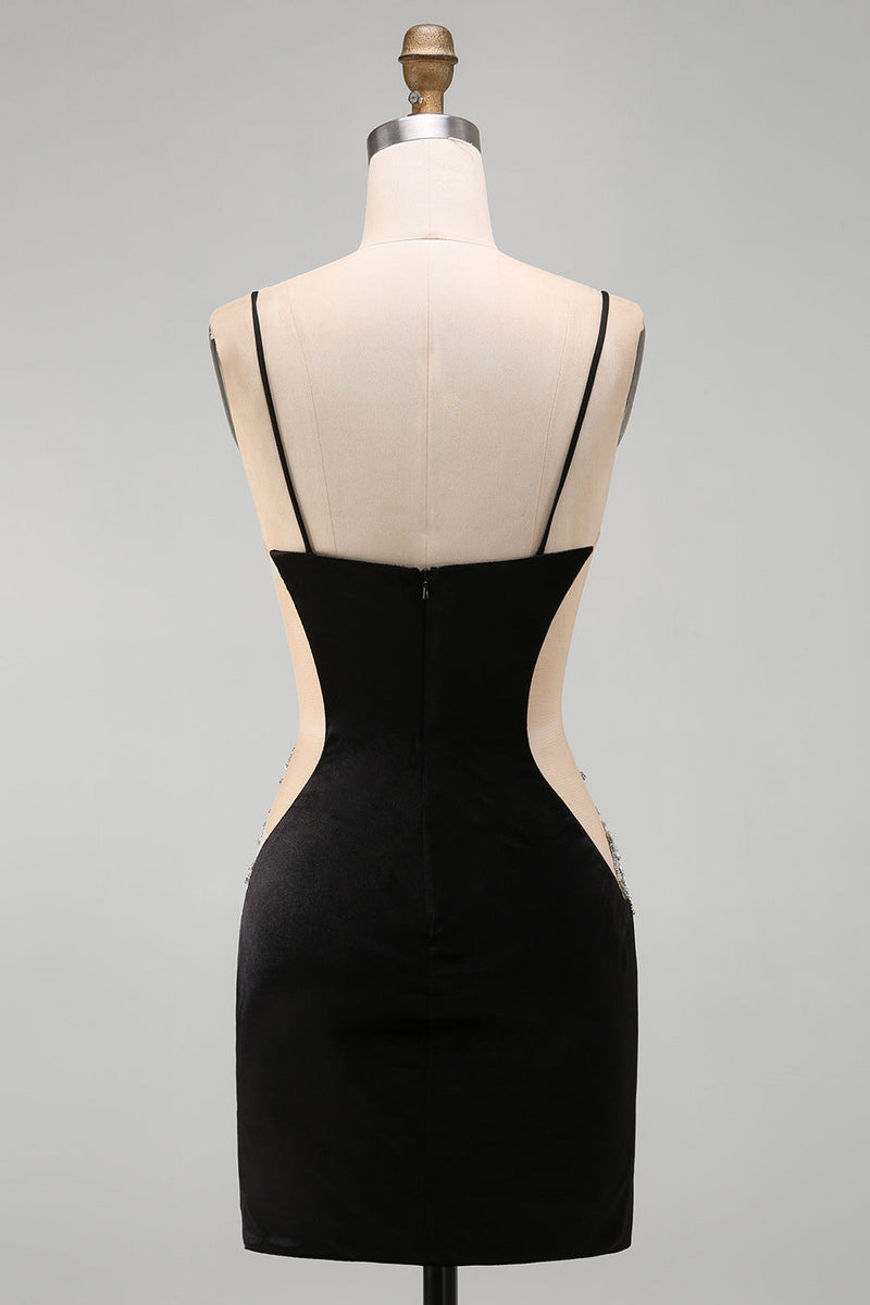 Load image into Gallery viewer, Sparkly Black Cut Out Tight Spaghetti Straps Short Cocktail Dress with Rhinestone