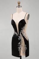 Load image into Gallery viewer, Sparkly Black Cut Out Tight Spaghetti Straps Short Cocktail Dress with Rhinestone