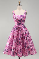 Load image into Gallery viewer, Fuchsia A-Line Floral Printed Square Neck Short Cocktail Dress with Bow
