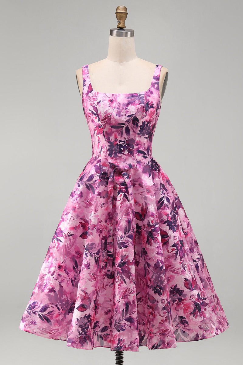 Load image into Gallery viewer, Fuchsia A-Line Floral Printed Square Neck Short Cocktail Dress with Bow