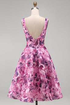 Fuchsia A-Line Floral Printed Square Neck Short Cocktail Dress with Bow