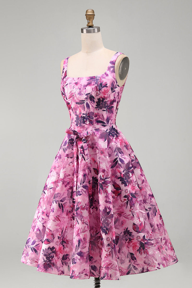 Load image into Gallery viewer, Fuchsia A-Line Floral Printed Square Neck Short Cocktail Dress with Bow