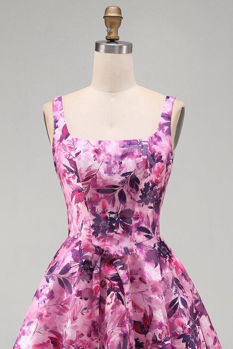 Load image into Gallery viewer, Fuchsia A-Line Floral Printed Square Neck Short Cocktail Dress with Bow