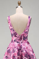 Load image into Gallery viewer, Fuchsia A-Line Floral Printed Square Neck Short Cocktail Dress with Bow