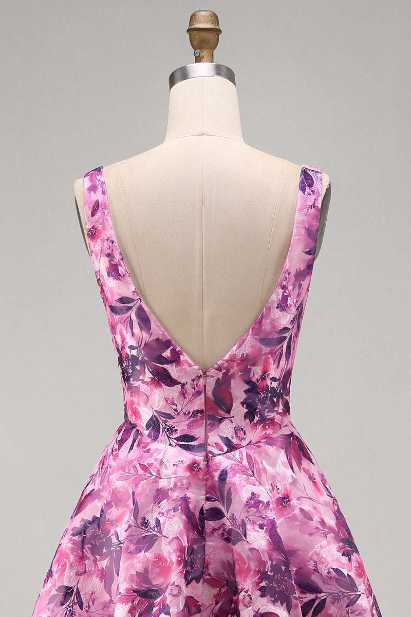 Load image into Gallery viewer, Fuchsia A-Line Floral Printed Square Neck Short Cocktail Dress with Bow