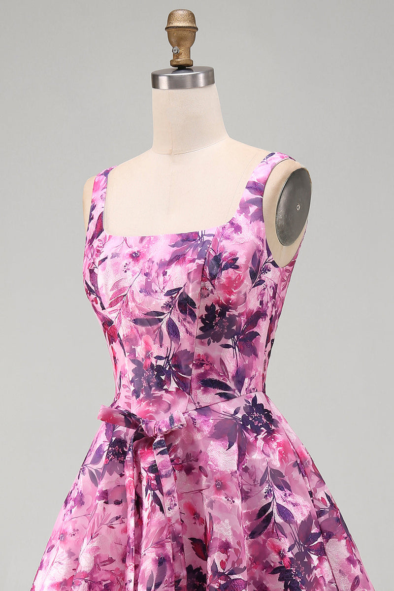 Load image into Gallery viewer, Fuchsia A-Line Floral Printed Square Neck Short Cocktail Dress with Bow