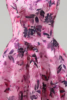 Load image into Gallery viewer, Fuchsia A-Line Floral Printed Square Neck Short Cocktail Dress with Bow