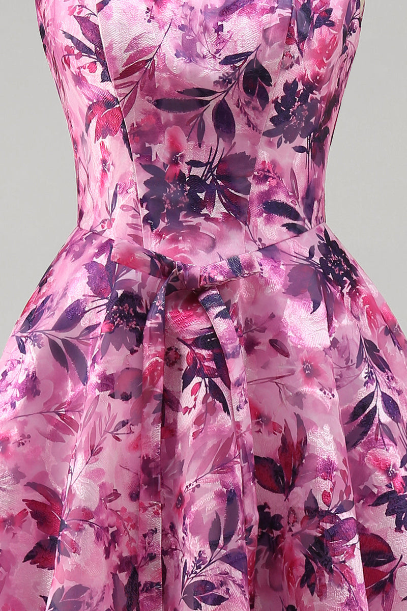 Load image into Gallery viewer, Fuchsia A-Line Floral Printed Square Neck Short Cocktail Dress with Bow