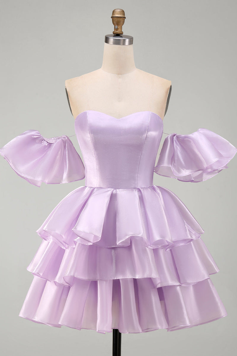 Load image into Gallery viewer, Lilac Tiered Short A Line Ruffled Cocktail Dress with Sleeves