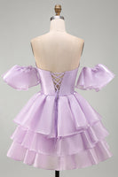 Load image into Gallery viewer, Lilac Tiered Short A Line Ruffled Cocktail Dress with Sleeves