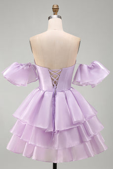 Lilac Tiered Short A Line Ruffled Cocktail Dress with Sleeves