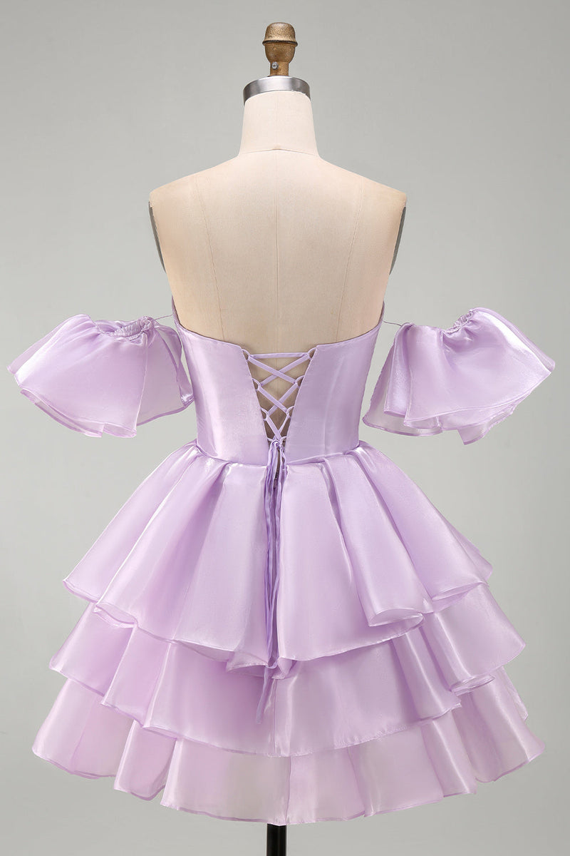 Load image into Gallery viewer, Lilac Tiered Short A Line Ruffled Cocktail Dress with Sleeves