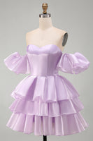 Load image into Gallery viewer, Lilac Tiered Short A Line Ruffled Cocktail Dress with Sleeves