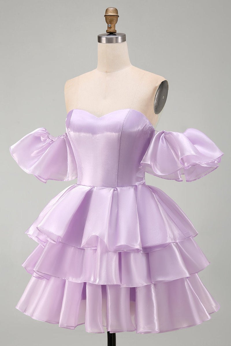 Load image into Gallery viewer, Lilac Tiered Short A Line Ruffled Cocktail Dress with Sleeves