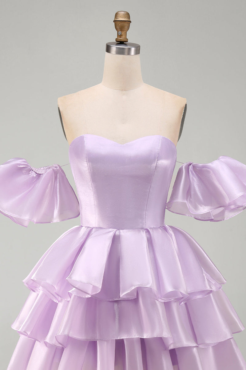 Load image into Gallery viewer, Lilac Tiered Short A Line Ruffled Cocktail Dress with Sleeves