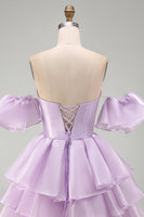 Load image into Gallery viewer, Lilac Tiered Short A Line Ruffled Cocktail Dress with Sleeves