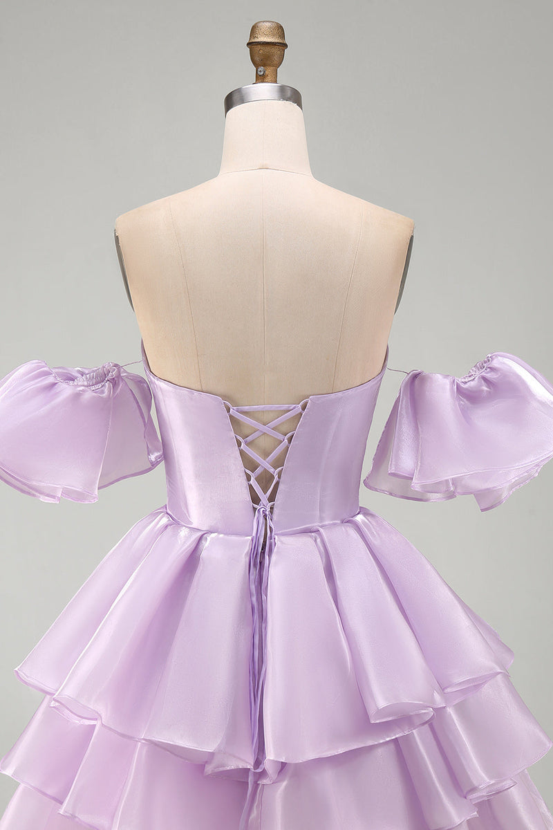 Load image into Gallery viewer, Lilac Tiered Short A Line Ruffled Cocktail Dress with Sleeves