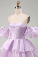 Load image into Gallery viewer, Lilac Tiered Short A Line Ruffled Cocktail Dress with Sleeves