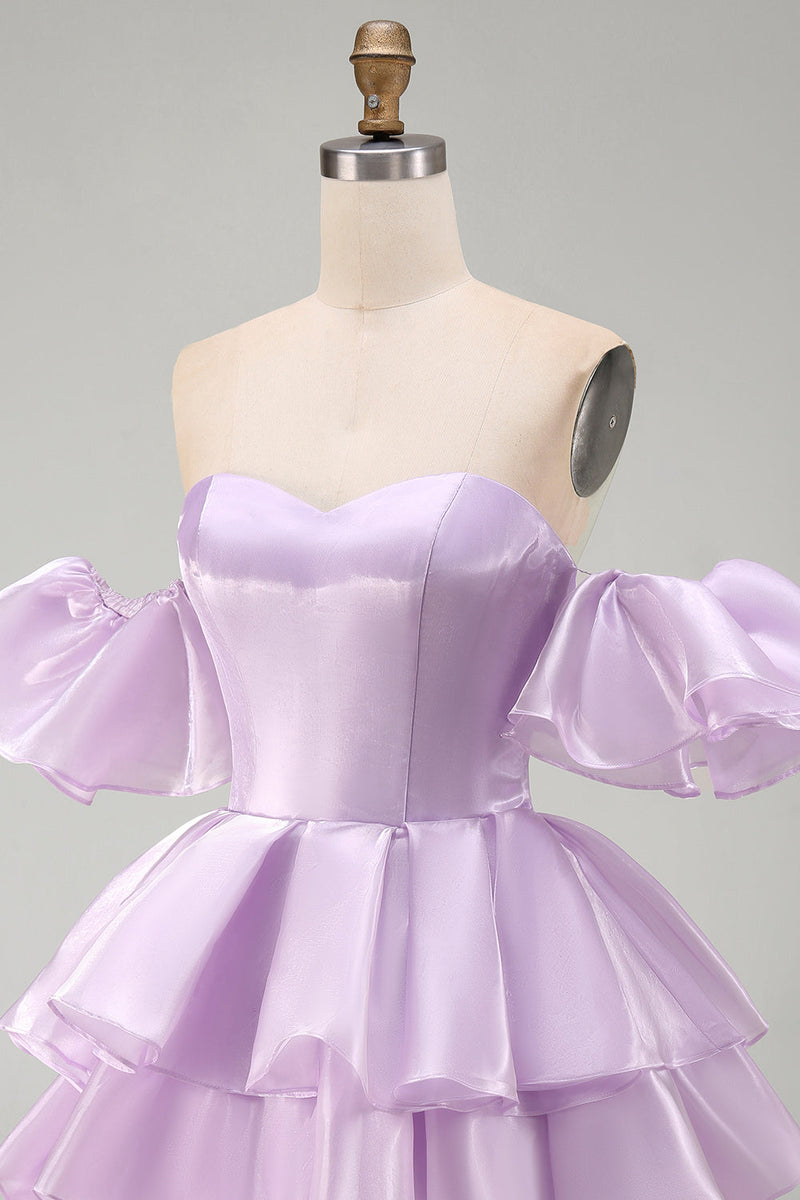 Load image into Gallery viewer, Lilac Tiered Short A Line Ruffled Cocktail Dress with Sleeves