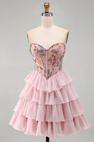 Load image into Gallery viewer, Pink A-Line Sweetheart Floral Ruffled Tiered Short Corset Cocktail Dress