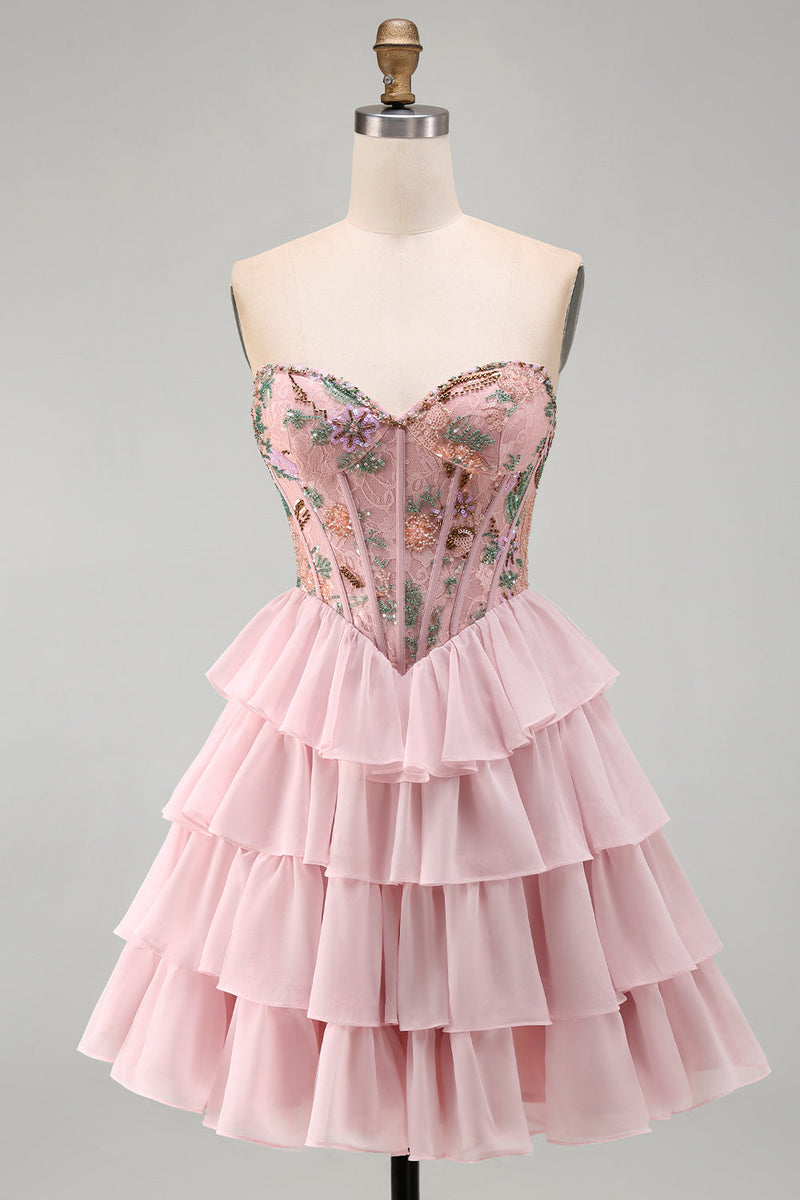Load image into Gallery viewer, Pink A-Line Sweetheart Floral Ruffled Tiered Short Corset Cocktail Dress