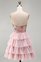 Load image into Gallery viewer, Pink A-Line Sweetheart Floral Ruffled Tiered Short Corset Cocktail Dress