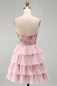 Pink A-Line Sweetheart Floral Ruffled Tiered Short Corset Cocktail Dress
