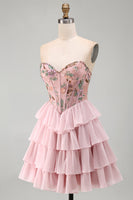 Load image into Gallery viewer, Pink A-Line Sweetheart Floral Ruffled Tiered Short Corset Cocktail Dress