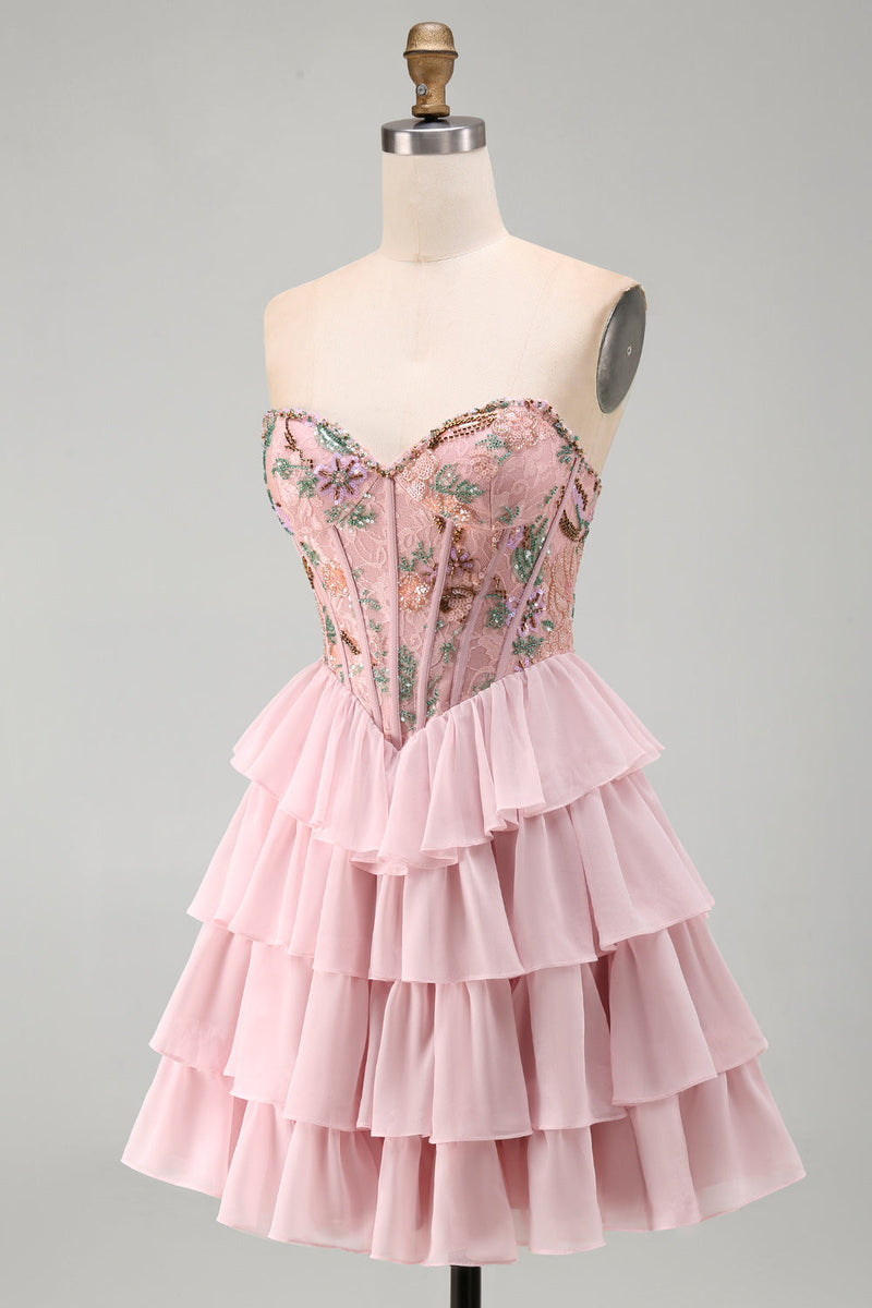 Load image into Gallery viewer, Pink A-Line Sweetheart Floral Ruffled Tiered Short Corset Cocktail Dress