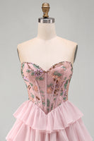 Load image into Gallery viewer, Pink A-Line Sweetheart Floral Ruffled Tiered Short Corset Cocktail Dress
