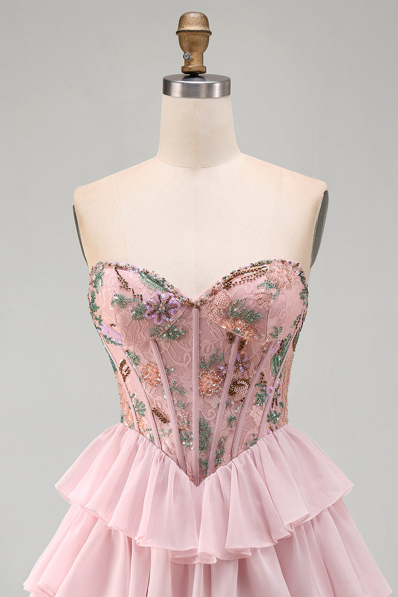 Load image into Gallery viewer, Pink A-Line Sweetheart Floral Ruffled Tiered Short Corset Cocktail Dress