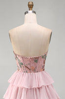 Load image into Gallery viewer, Pink A-Line Sweetheart Floral Ruffled Tiered Short Corset Cocktail Dress
