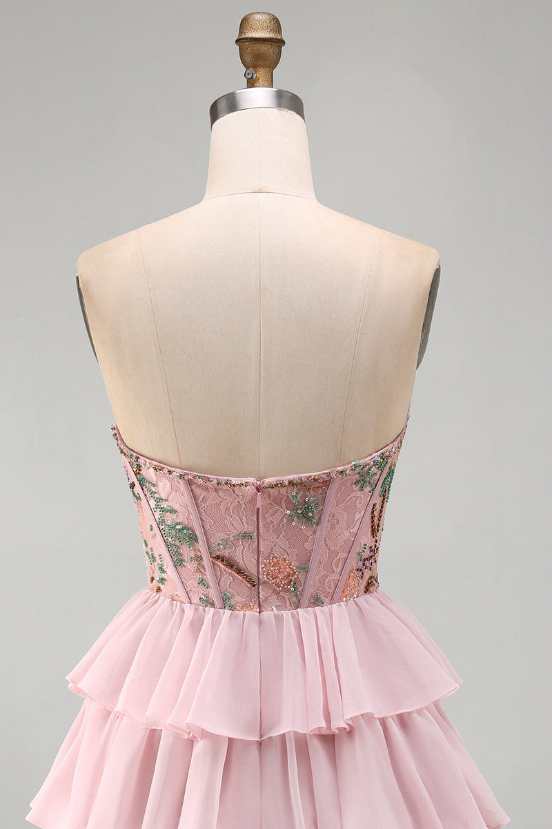 Load image into Gallery viewer, Pink A-Line Sweetheart Floral Ruffled Tiered Short Corset Cocktail Dress