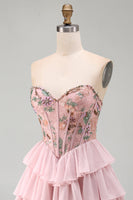 Load image into Gallery viewer, Pink A-Line Sweetheart Floral Ruffled Tiered Short Corset Cocktail Dress