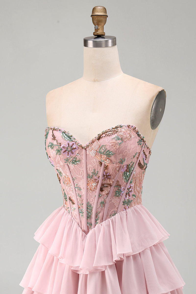 Load image into Gallery viewer, Pink A-Line Sweetheart Floral Ruffled Tiered Short Corset Cocktail Dress