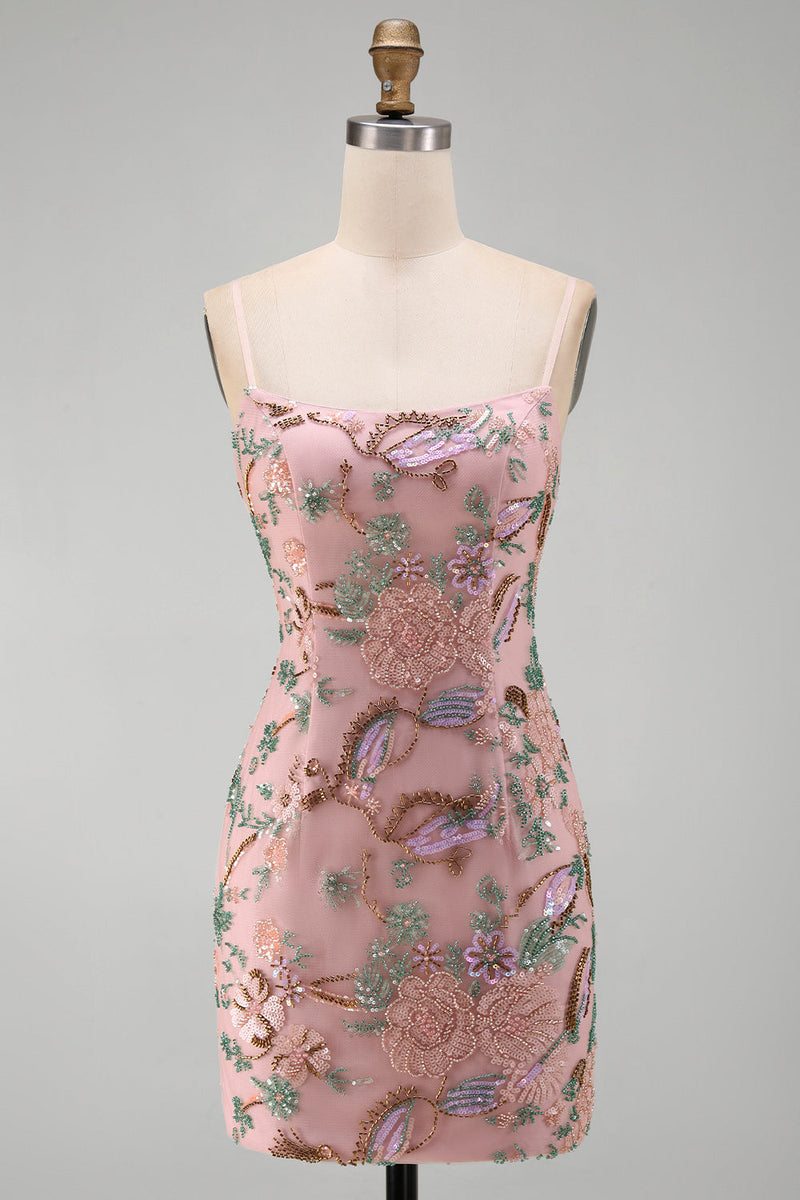 Load image into Gallery viewer, Pink Floral Beaded Sequin Tight Short Cocktail Dress