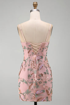 Pink Floral Beaded Sequin Tight Short Cocktail Dress
