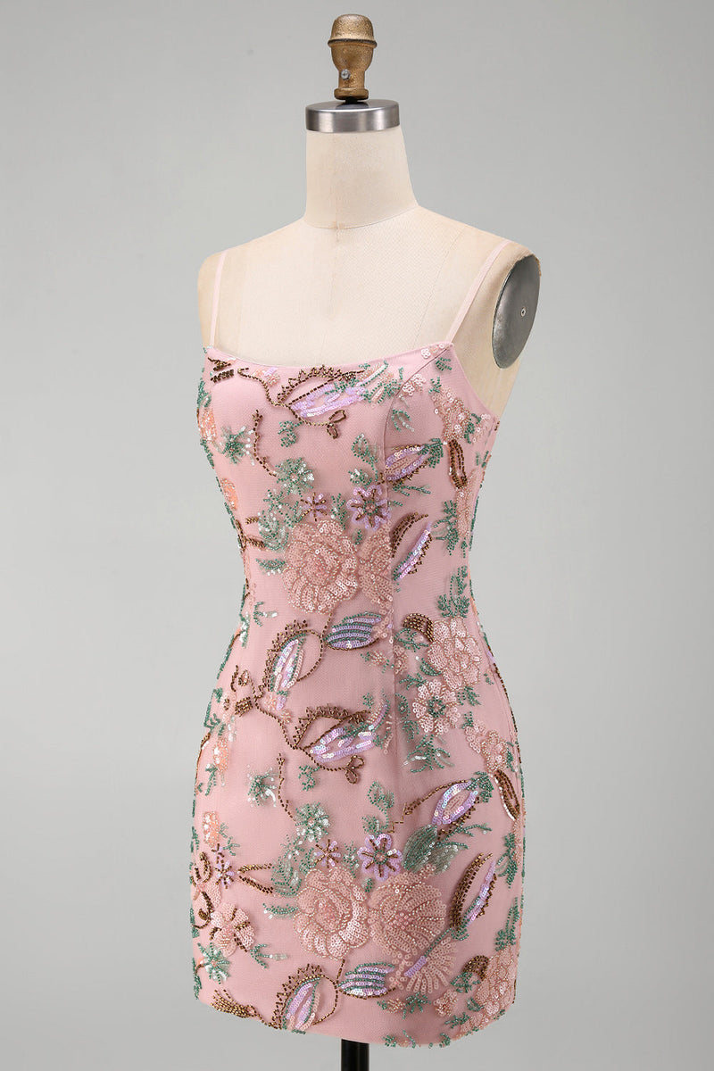 Load image into Gallery viewer, Pink Floral Beaded Sequin Tight Short Cocktail Dress