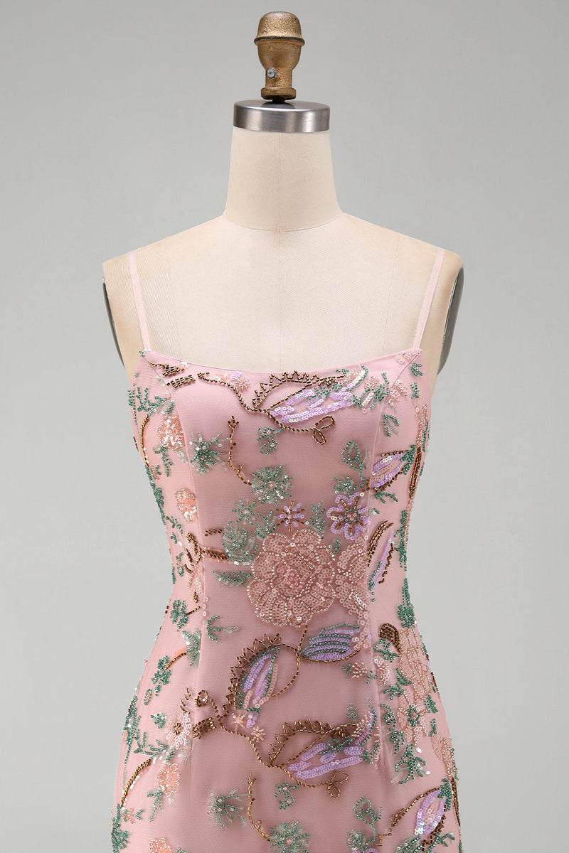 Load image into Gallery viewer, Pink Floral Beaded Sequin Tight Short Cocktail Dress