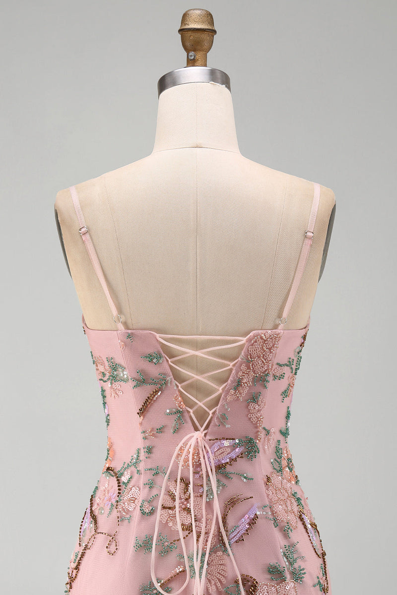 Load image into Gallery viewer, Pink Floral Beaded Sequin Tight Short Cocktail Dress