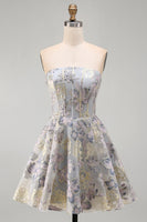 Load image into Gallery viewer, Blue Flower Corset Strapless A Line Jacquard Short Cocktail Dress