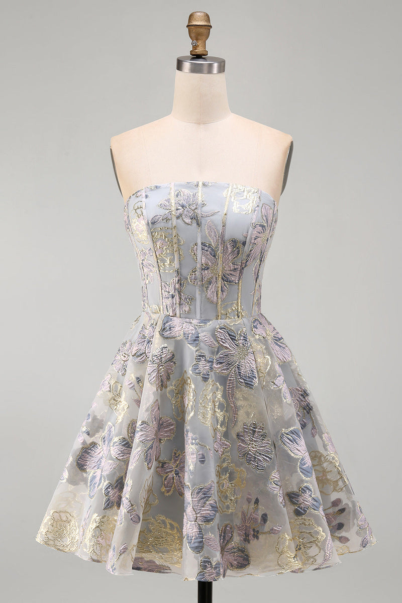 Load image into Gallery viewer, Blue Flower Corset Strapless A Line Jacquard Short Cocktail Dress