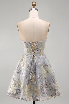 Blue Flower Corset Strapless A Line Jacquard Short Cocktail Dress